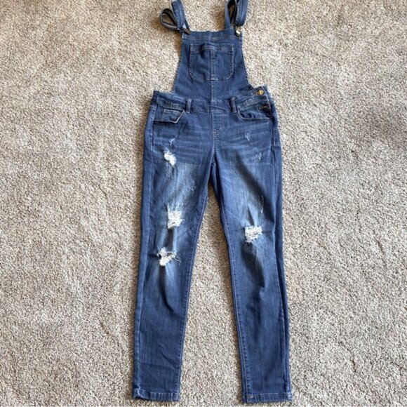 Wax Jean ankle length skinny leg stretch distressed denim overalls. Size S - Picture 4 of 12